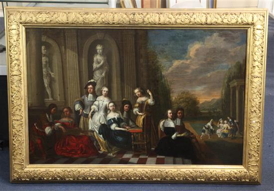17th century Flemish School A musical gathering on a terrace, figures in gardens beyond 20.5 x 32.5in.